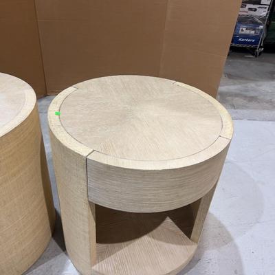 Sale Photo Thumbnail #259: Venon Round Night Stands with Drawers. Each one has water damage on the burlap. Moisture Damage - See photos. Designer. Please provider moving assistance and secure transportation and or packing materials for moving. Retail $2,160 EACH! 