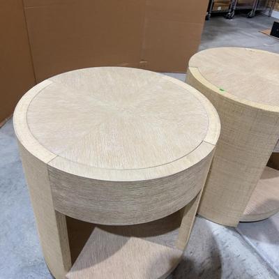 Sale Photo Thumbnail #260: Venon Round Night Stands with Drawers. Each one has water damage on the burlap. Moisture Damage - See photos. Designer. Please provider moving assistance and secure transportation and or packing materials for moving. Retail $2,160 EACH! 