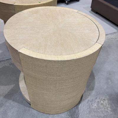 Sale Photo Thumbnail #261: Venon Round Night Stands with Drawers. Each one has water damage on the burlap. Moisture Damage - See photos. Designer. Please provider moving assistance and secure transportation and or packing materials for moving. Retail $2,160 EACH! 