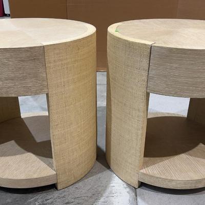 Sale Photo Thumbnail #258: Venon Round Night Stands with Drawers. Each one has water damage on the burlap. Moisture Damage - See photos. Designer. Please provider moving assistance and secure transportation and or packing materials for moving. Retail $2,160 EACH! 