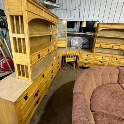 Sale Photo Thumbnail #240: Dimensions: Two (2) top bookshelves 46" wide x 12" deep x 43" tall
Dresser: One (1) 30" wide x 18" deep x 30" tall
Two (2) main dressers 46" wide x 18" deep x 30" tall
One (1) Center / corner desk 46" wide x 29" deep x 30" tall
One (1) Desk chair 18" x 18