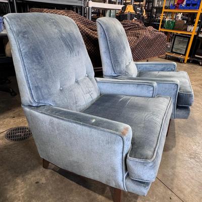 Sale Photo Thumbnail #121: Walnut frame with blue suede like fabric. Tall tufted backs. Both in very nice condition - auction is for pair. Original arm covers are located under lower cushion.