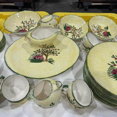 Sale Photo Thumbnail #630: Large set, each piece has been checked for damage. 
Blue Ridge Southern Pottery in the "Weathervane" pattern. 
Here's more about this collectible set:
Pattern Design: The "Weathervane" pattern features a distinct hand-painted design of a red barn and an a