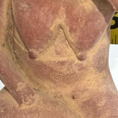 Sale Photo Thumbnail #159: The figure in your image is a Vintage "Portrait of Anxiety/Depression" Clay Pottery Figure, which is a 1960s promotional piece for a prescription drug company in Mexico, believed to be Etrafon. 
Here's more information about this intriguing figure:
Origin