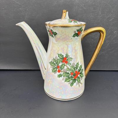 LOT 45: Vintage Ucagco Japan Holly and Berries Lusterware Christmas: Tea Pot, Teacups & More