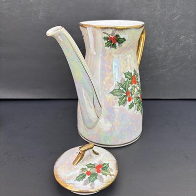 LOT 45: Vintage Ucagco Japan Holly and Berries Lusterware Christmas: Tea Pot, Teacups & More