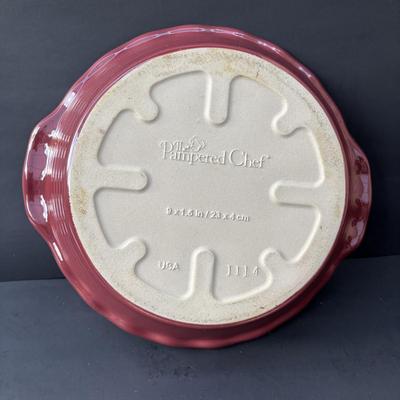 LOT 47: Longaberger Pink Pottery, Baskets, Soap Dish & Pamper Chef Stoneware Pie Dish