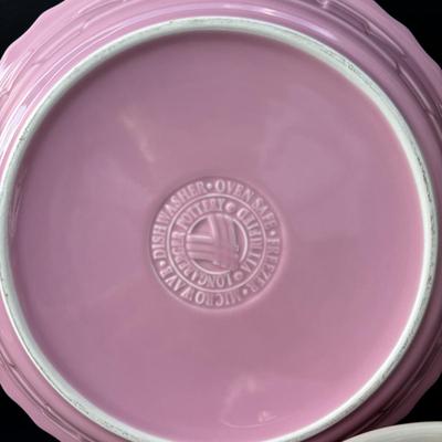 LOT 47: Longaberger Pink Pottery, Baskets, Soap Dish & Pamper Chef Stoneware Pie Dish