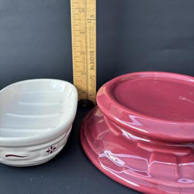 LOT 47: Longaberger Pink Pottery, Baskets, Soap Dish & Pamper Chef Stoneware Pie Dish