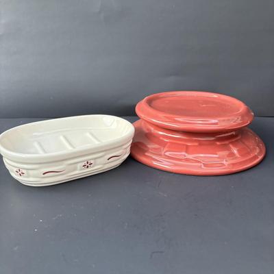 LOT 47: Longaberger Pink Pottery, Baskets, Soap Dish & Pamper Chef Stoneware Pie Dish