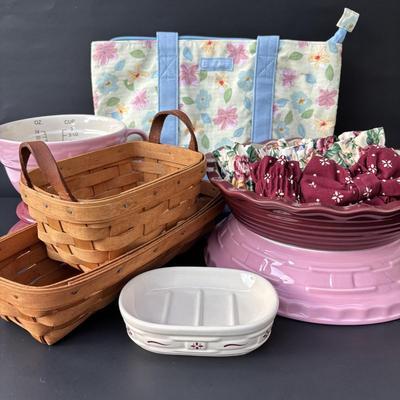 LOT 47: Longaberger Pink Pottery, Baskets, Soap Dish & Pamper Chef Stoneware Pie Dish