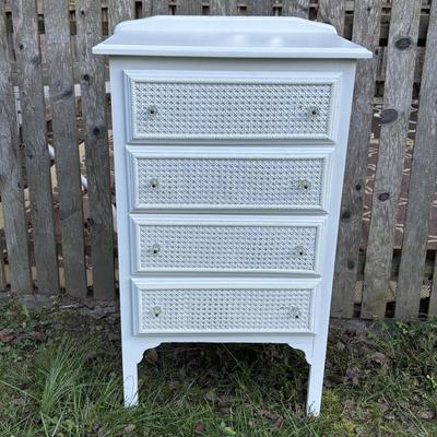 LOT 48: White Chest of Drawer, Mirrored Shelf w/Glass Pegs along with 2-Over the Door Hanging Clothes Racks