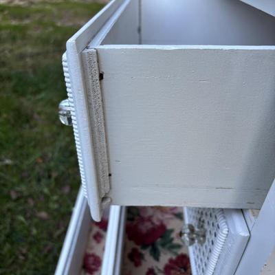 LOT 48: White Chest of Drawer, Mirrored Shelf w/Glass Pegs along with 2-Over the Door Hanging Clothes Racks