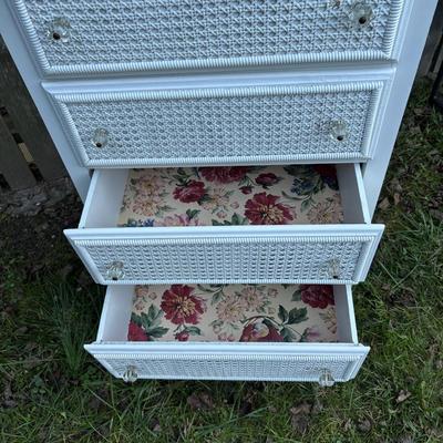 LOT 48: White Chest of Drawer, Mirrored Shelf w/Glass Pegs along with 2-Over the Door Hanging Clothes Racks