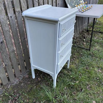 LOT 48: White Chest of Drawer, Mirrored Shelf w/Glass Pegs along with 2-Over the Door Hanging Clothes Racks