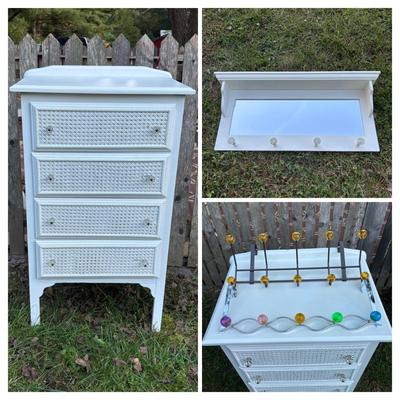 LOT 48: White Chest of Drawer, Mirrored Shelf w/Glass Pegs along with 2-Over the Door Hanging Clothes Racks