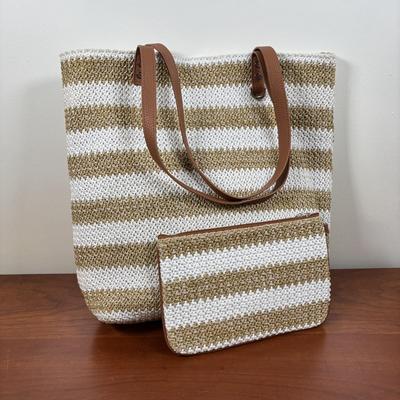 LOT 55: Thirty-One Jewel Crossbody Bag with Thirty-One Around Town Tote & Ruby Mini Bag in White Striped Straw