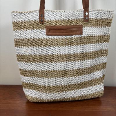 LOT 55: Thirty-One Jewel Crossbody Bag with Thirty-One Around Town Tote & Ruby Mini Bag in White Striped Straw