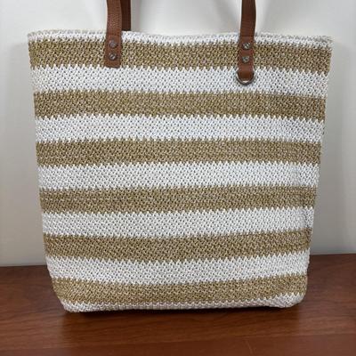 LOT 55: Thirty-One Jewel Crossbody Bag with Thirty-One Around Town Tote & Ruby Mini Bag in White Striped Straw