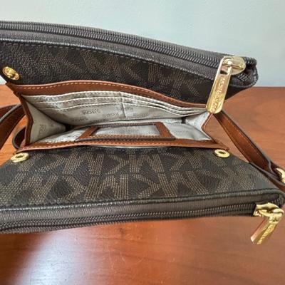 LOT 61: Michael Kors Jet Set Travel Medium Logo Crossbody Bag & Jet Set Continental Wallet in Vanilla Signature Print