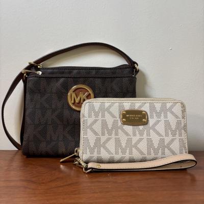 LOT 61: Michael Kors Jet Set Travel Medium Logo Crossbody Bag & Jet Set Continental Wallet in Vanilla Signature Print