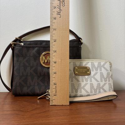LOT 61: Michael Kors Jet Set Travel Medium Logo Crossbody Bag & Jet Set Continental Wallet in Vanilla Signature Print