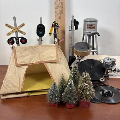 LOT 65: Lionel Train Accessories, Bottle Brush Trees, Noma Electronic Railroad Station Records and Record Player (for parts) & Toy...