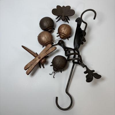 LOT 66: Cast Metal Dragon Fly. Lady Bugs, Butterfly and Forged Iron Hanging Hummingbird w/Bottom Hook