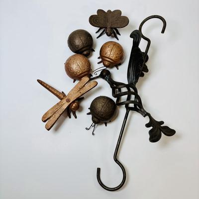 LOT 66: Cast Metal Dragon Fly. Lady Bugs, Butterfly and Forged Iron Hanging Hummingbird w/Bottom Hook