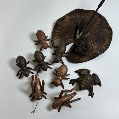 LOT 67: Cast Metal Ants, Frog, Grasshoppers & Lily Pad w/Frog Sundail