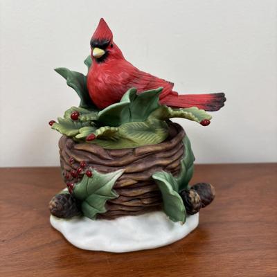 LOT 70: Party Lite Church & Nesting Cardinal, Cross-Stitch, Praying Santa, Enesco Ornament & More