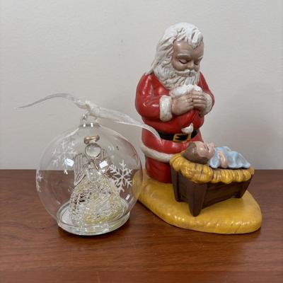 LOT 70: Party Lite Church & Nesting Cardinal, Cross-Stitch, Praying Santa, Enesco Ornament & More