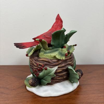 LOT 70: Party Lite Church & Nesting Cardinal, Cross-Stitch, Praying Santa, Enesco Ornament & More
