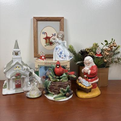 LOT 70: Party Lite Church & Nesting Cardinal, Cross-Stitch, Praying Santa, Enesco Ornament & More