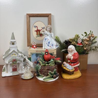 LOT 70: Party Lite Church & Nesting Cardinal, Cross-Stitch, Praying Santa, Enesco Ornament & More