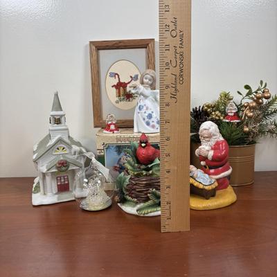 LOT 70: Party Lite Church & Nesting Cardinal, Cross-Stitch, Praying Santa, Enesco Ornament & More