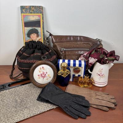 LOT 72: Ladies Collection of Perfumes, Pig Skin Gloves (1), Hobo Bag, Handmade Purses, Adrienne Vittadini Scarf & Home Decor