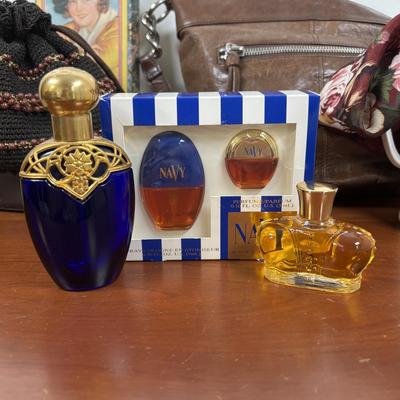 LOT 72: Ladies Collection of Perfumes, Pig Skin Gloves (1), Hobo Bag, Handmade Purses, Adrienne Vittadini Scarf & Home Decor