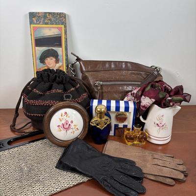 LOT 72: Ladies Collection of Perfumes, Pig Skin Gloves (1), Hobo Bag, Handmade Purses, Adrienne Vittadini Scarf & Home Decor