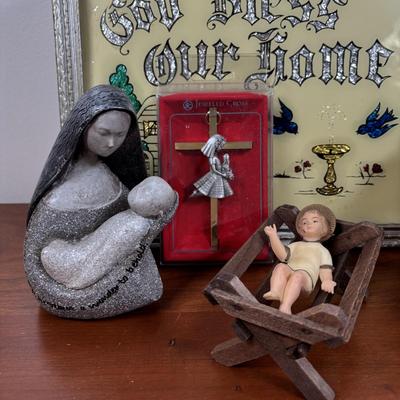 LOT 75: Religious Collection: His Promise Cross Stitch, "God Bless Our Home" Foil Art and Reverse Painted Wall Art & More