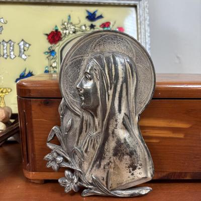 LOT 75: Religious Collection: His Promise Cross Stitch, "God Bless Our Home" Foil Art and Reverse Painted Wall Art & More