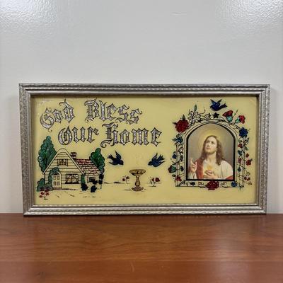 LOT 75: Religious Collection: His Promise Cross Stitch, "God Bless Our Home" Foil Art and Reverse Painted Wall Art & More