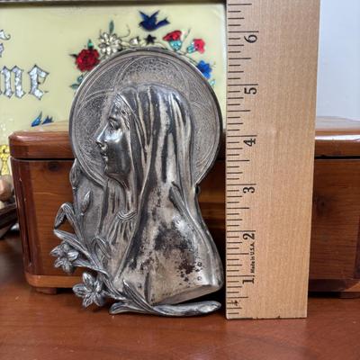 LOT 75: Religious Collection: His Promise Cross Stitch, "God Bless Our Home" Foil Art and Reverse Painted Wall Art & More