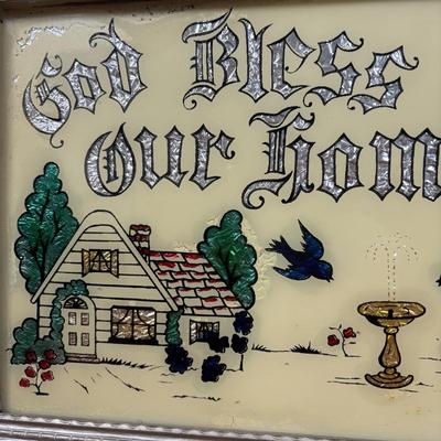 LOT 75: Religious Collection: His Promise Cross Stitch, "God Bless Our Home" Foil Art and Reverse Painted Wall Art & More
