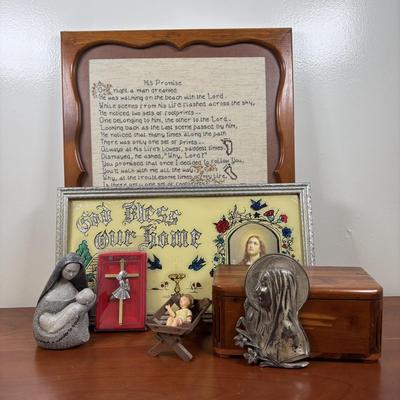 LOT 75: Religious Collection: His Promise Cross Stitch, "God Bless Our Home" Foil Art and Reverse Painted Wall Art & More