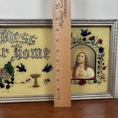 LOT 75: Religious Collection: His Promise Cross Stitch, "God Bless Our Home" Foil Art and Reverse Painted Wall Art & More
