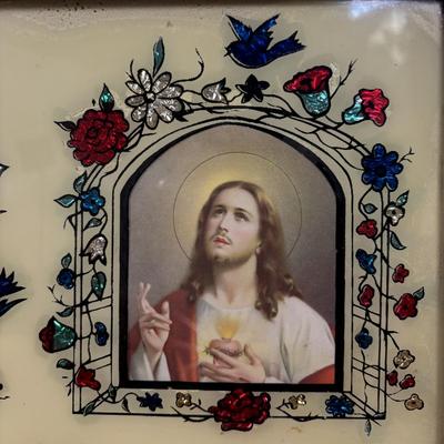 LOT 75: Religious Collection: His Promise Cross Stitch, "God Bless Our Home" Foil Art and Reverse Painted Wall Art & More
