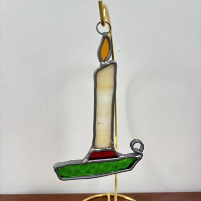LOT 77: Stained Glass Rudolph, Holly Candle & Bell, Miniature Nativity Set, Wheaton Rudolph Bottle & More