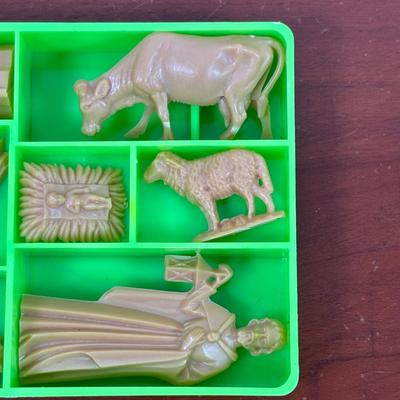 LOT 77: Stained Glass Rudolph, Holly Candle & Bell, Miniature Nativity Set, Wheaton Rudolph Bottle & More