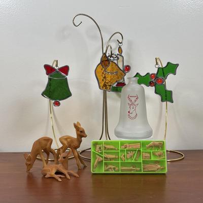LOT 77: Stained Glass Rudolph, Holly Candle & Bell, Miniature Nativity Set, Wheaton Rudolph Bottle & More